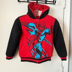 Marvel boys, Spider-Man Sherpa fleece hoodie with red body and black sleeves